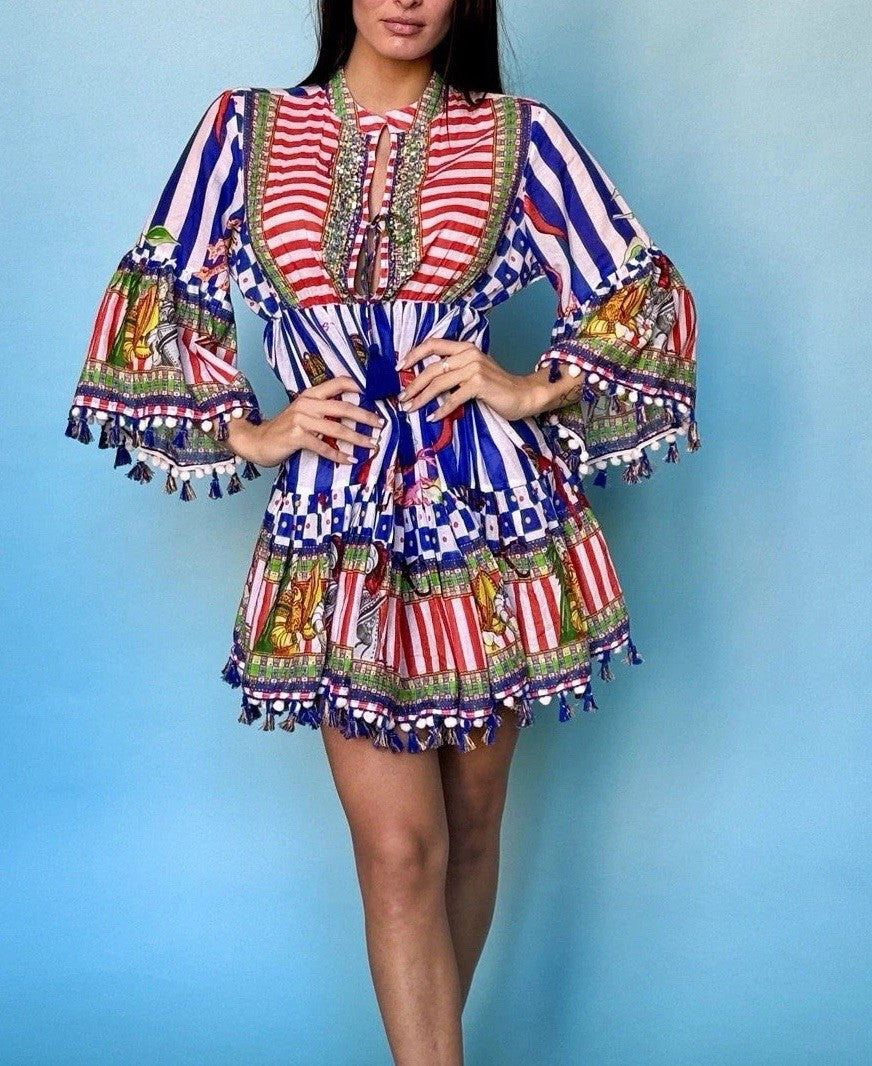 ANTICA SARTORIA 2024 BLUE RED WHITE IT'S THE KNIGHTS SHORT DRESS NWT OS