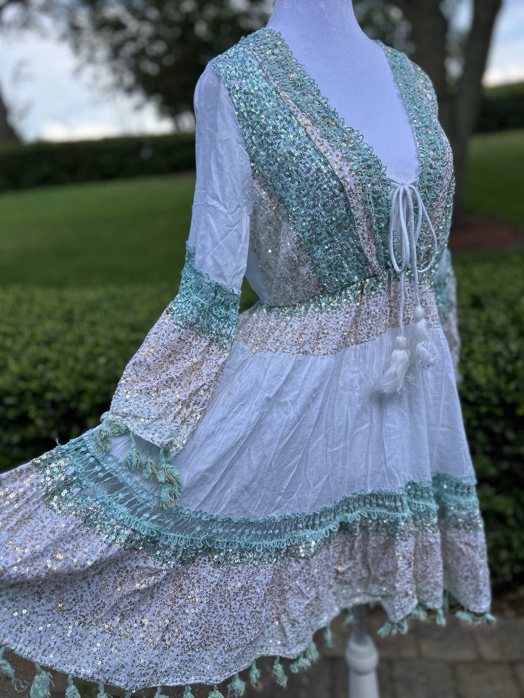 ANTICA SARTORIA 2024 WHITE AQUA GOLD TIE FRONT GORGEOUS SEQUINS OS DRESS LAST 1
