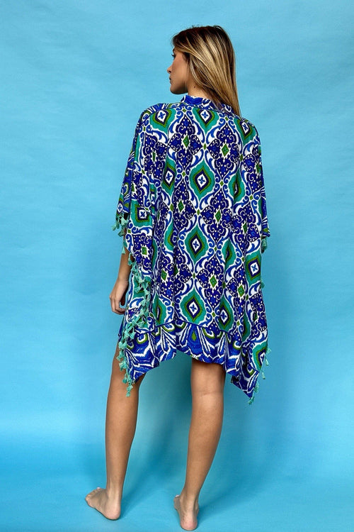 ANTICA SARTORIA 2024 BLUE GREEN PONCHO/DRESS COVER UP BEADWORK NWT OS TO XXL