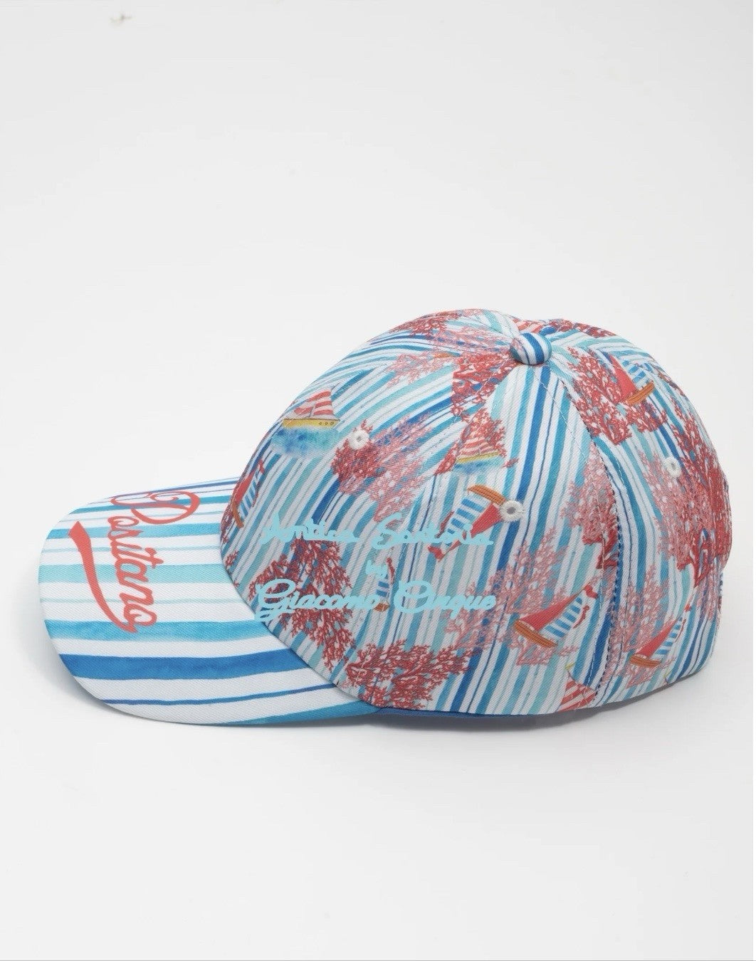 Antica Sartoria Positano Blue Stripes & Red Boats Cap Baseball Hat NWT