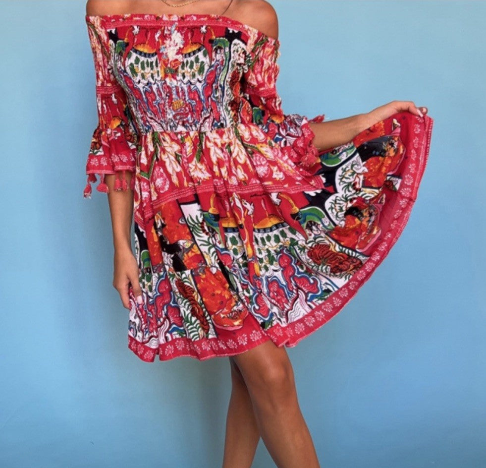 ANTICA SARTORIA 2024 SMOCKED OFF SHOULDER ASIAN PRINT LOVELY DRESS TOP NWT O/S