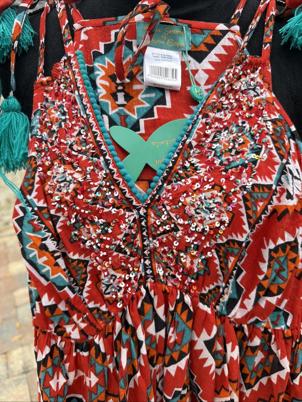 Antica Sartoria Scrappy Red Green V Neck Beaded Dress NWT O/S