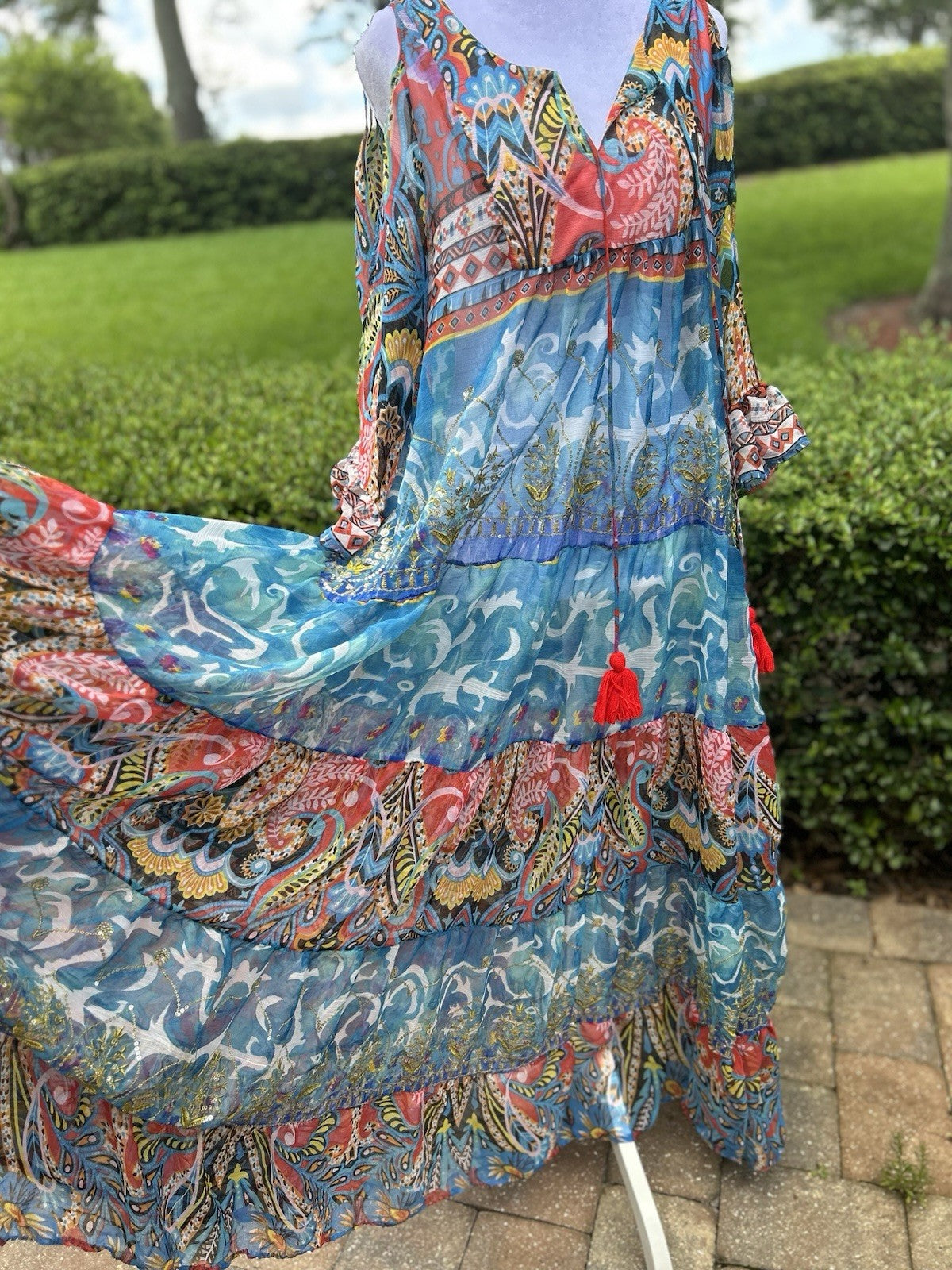 Antica Sartoria Long FLOWEY peek a boo sleeve Dress Blue & Pink Beautiful NWT OS