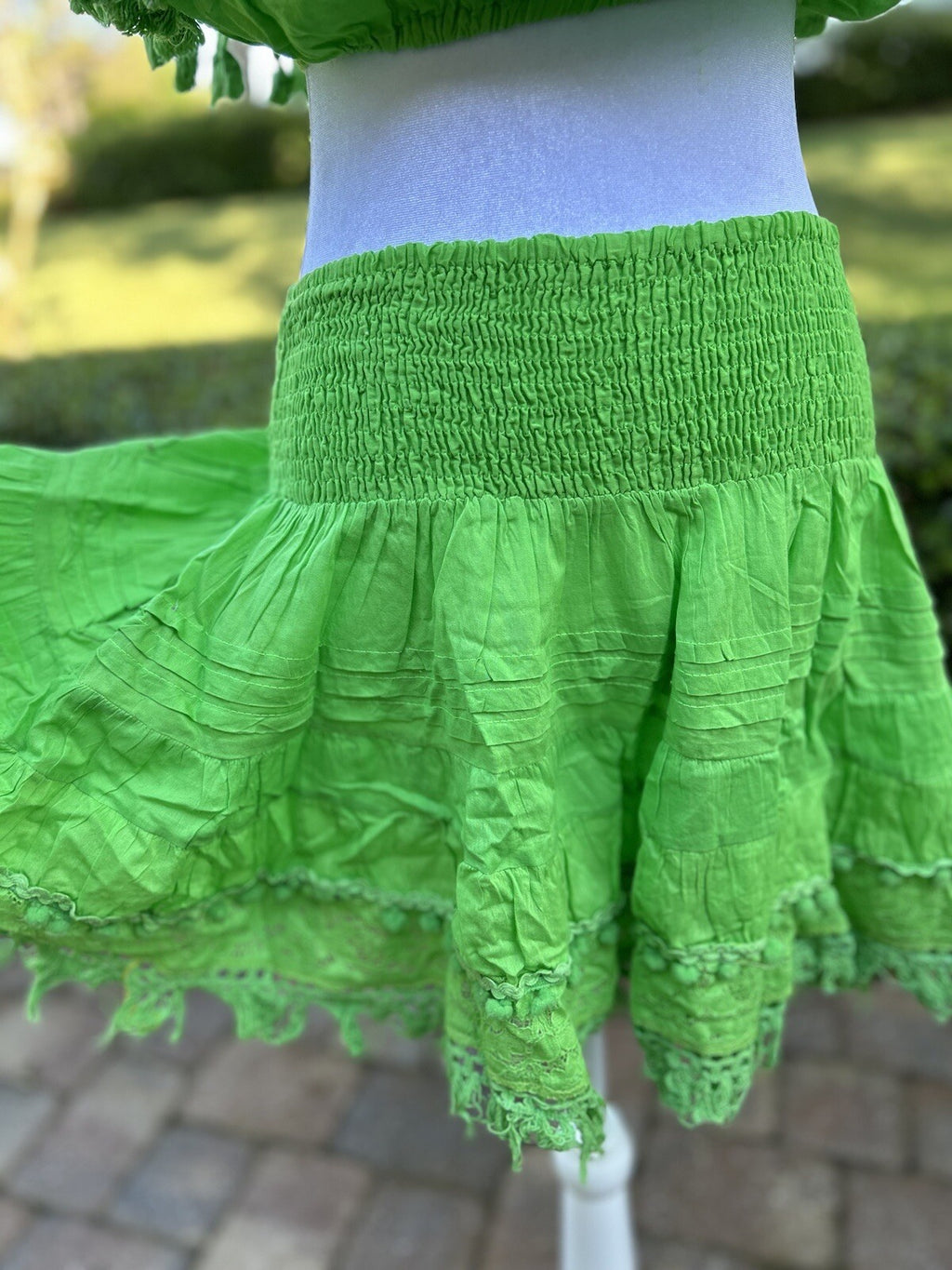 Antica Sartoria 2023 Green Skirt With Lace  And Midi Top With Pompom NWT O/S
