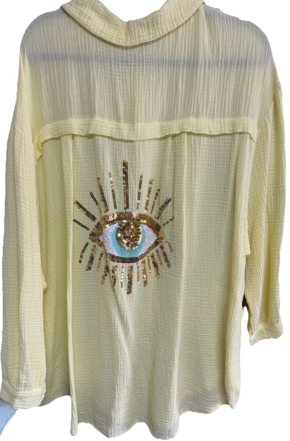 Made In Italy Butter Yellow Sequin Cheesecloth Top Eye Shirt Cover Up O/S NWT