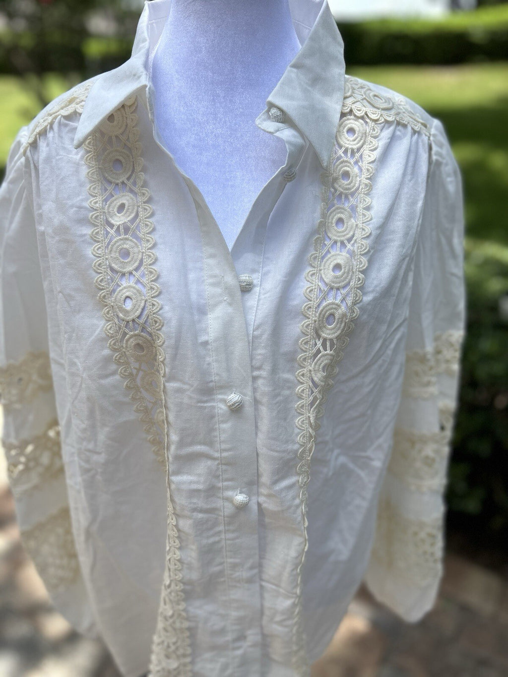 Lara Cutout Lace Blouse Beautiful 100% Cotton Button Boho L / XL