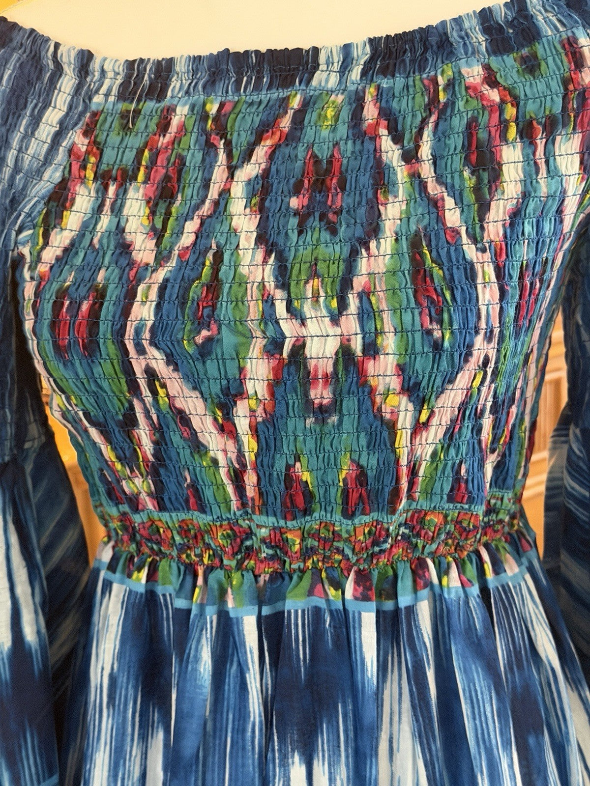 Antica Sartoria 2024 Blue White Pink Off Shoulder Smocked Dress NWT O/S