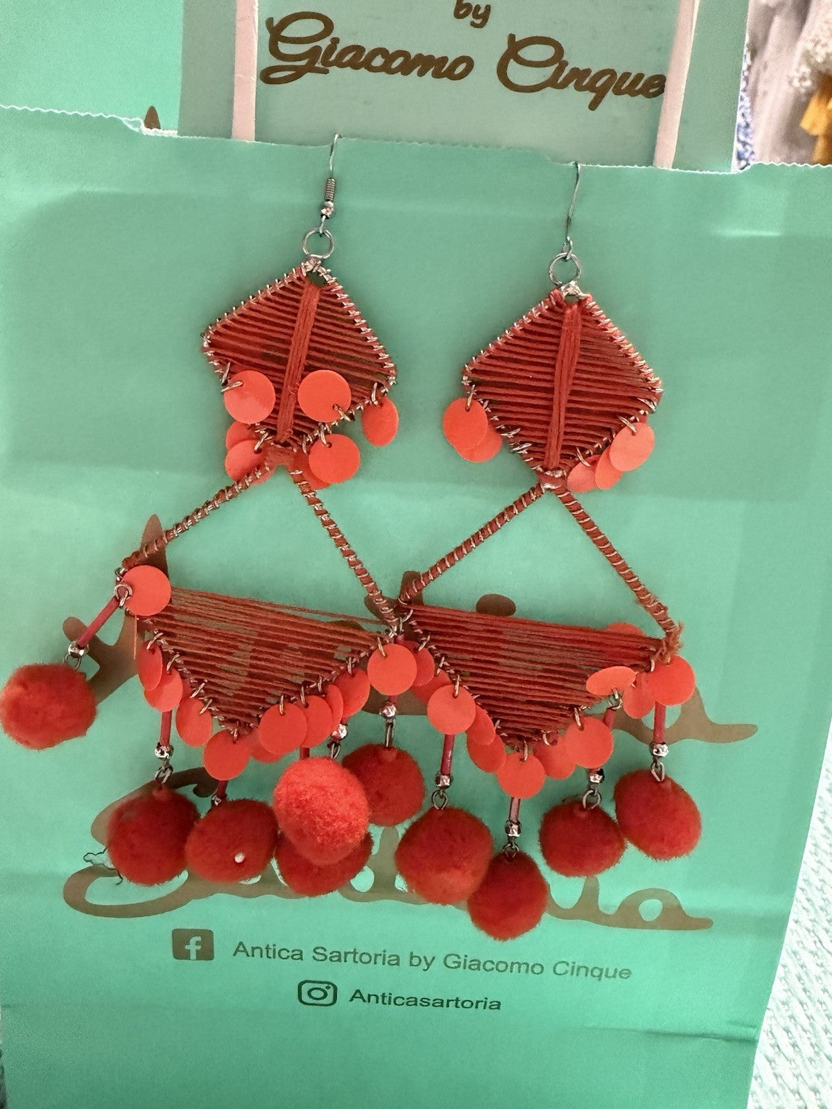 Antica Sartoria Pom Pom Hoop Triangle Earrings Gorgeous Orange Nwt ❤️‍🔥