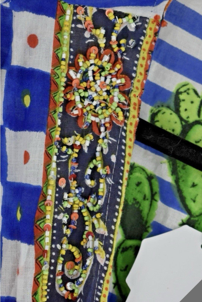 ANTICA SARTORIA BLUE & WHITE FUN ITALIAN PRINT TIE FRONT DRESS NWT OS