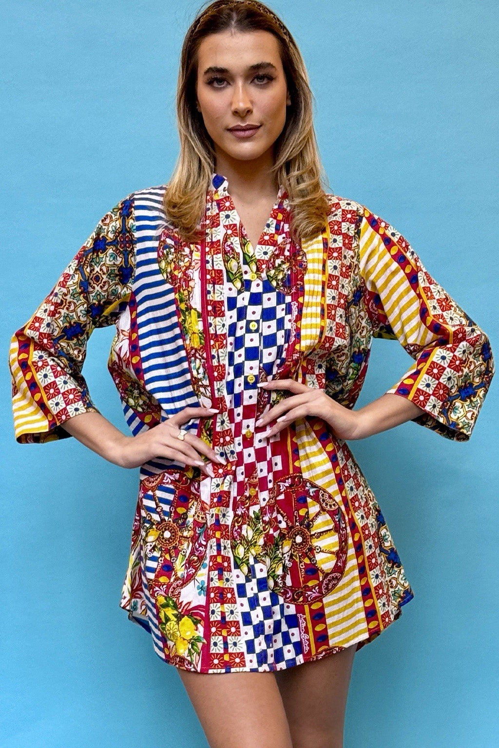 Antica Sartoria Red Blue Yellow Stripes Button Down Shirt Dress NWT XL