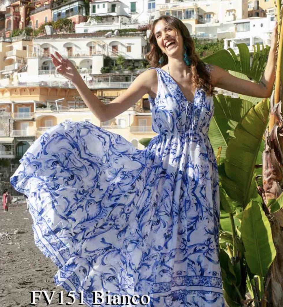 Antica Sartoria 2026 White & Blue V Neck & V Back Dress O/S Nwt