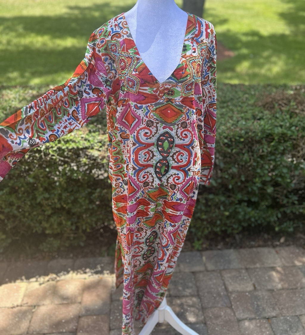 Antica Sartoria 2024 Orange & Pink Evil Eye Long V Neck Beaded Kaftan Mumu L/xL