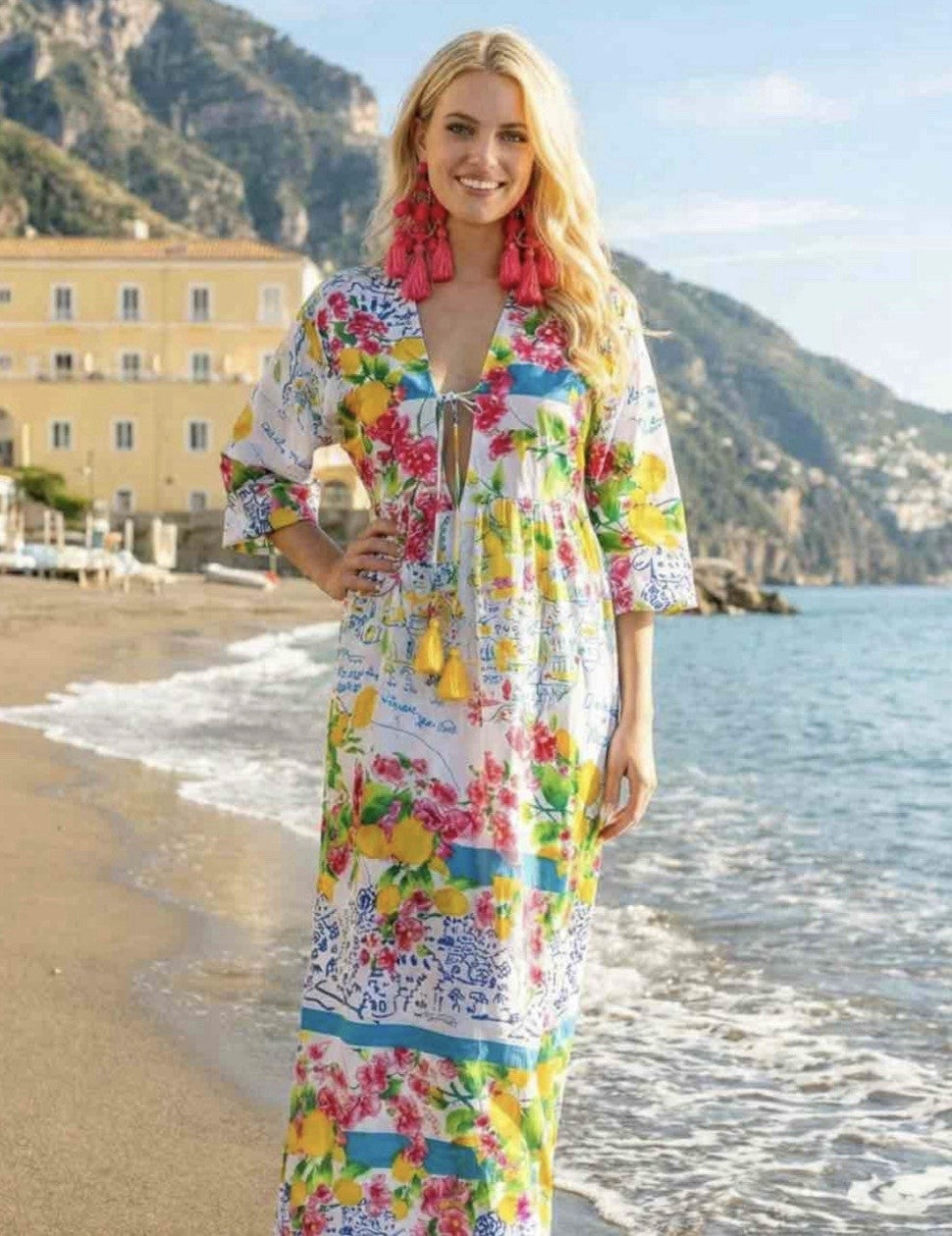 Antica Sartoria 2026 Lemon Roses Positano Kaftan Dress Nwt S/M