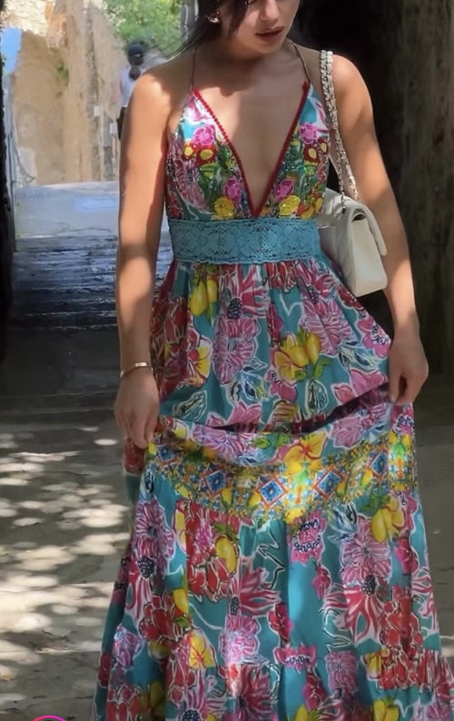 Antica Sartoria 2024 Flowers Pink Blue Long Beaded Knitted Backless Dress Nwt