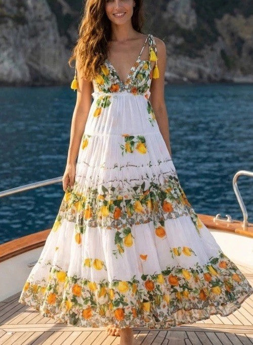 Antica Sartoria 2026 White Lemon & Flowers V Front & Back Scrappy Long Dress O/S