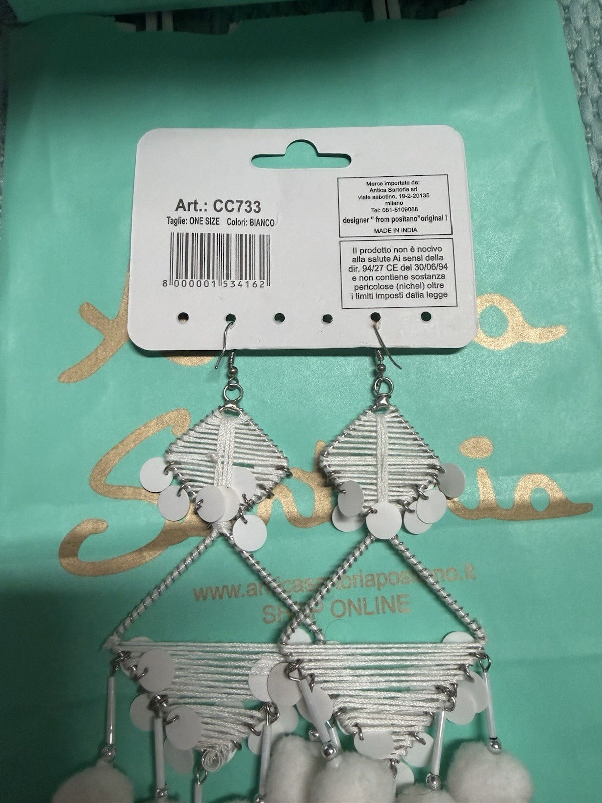 Antica Sartoria Pom Pom Hoop Triangle Earrings Pure White Nwt 🤍