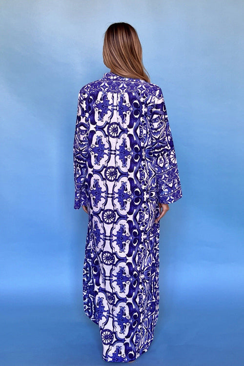 ANTICA SARTORIA 2023 BLUE WHITE KALEIDOSCOPE LONG MUMU/DRESS/KAFTAN NWT L/XL