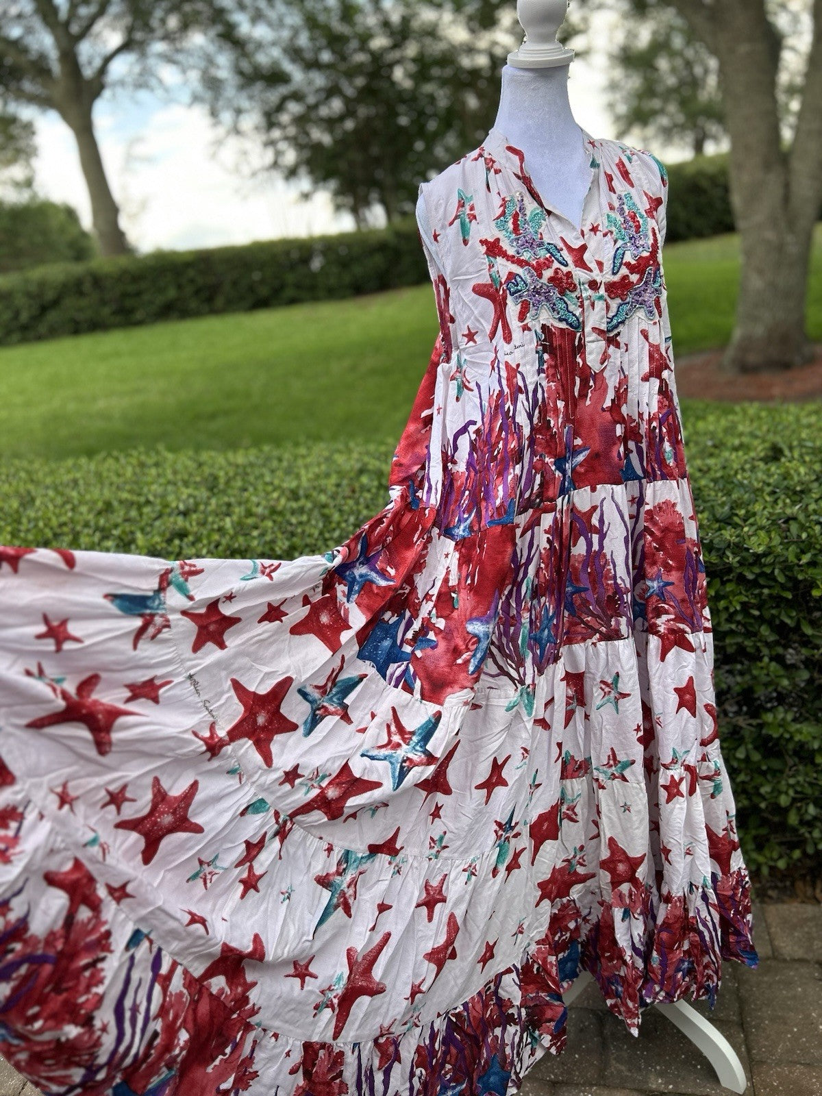 ANTICA SARTORIA 2024 STARFISH & CORAL RED SLEEVELESS LOVELY LONG DRESS NWT O/S