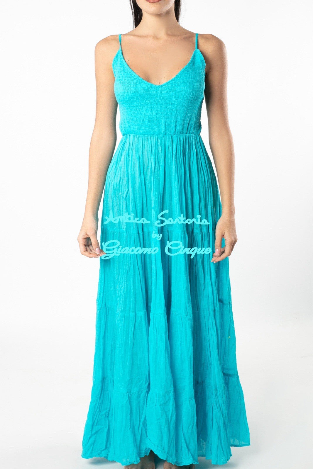ANTICA SARTORIA 2025 LONG DRESS ADJ STRAPS SMOCKED TOP NWT O/S TURQUISE