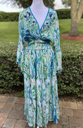 Antica Sartoria Aqua Blue White Swirl Print Long V Neck Beaded Dress NWT O/S
