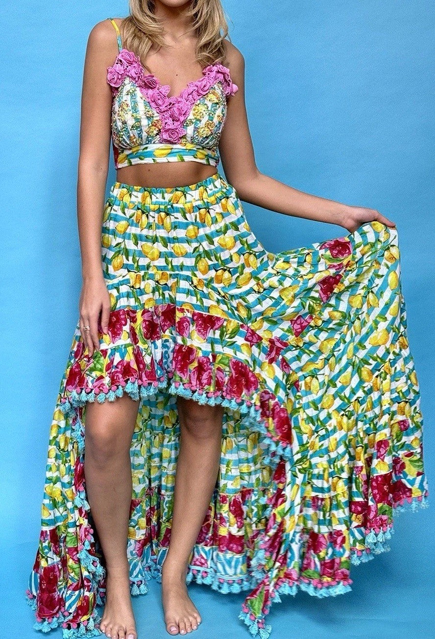 ANTICA SARTORIA 2024 LEMON & ROSES TOP SKIRT LONG BACK SHORT FRONT NWT O/S