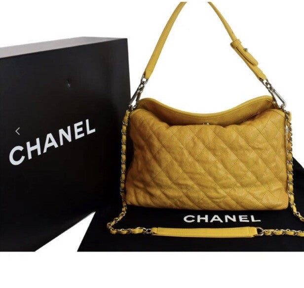 Chanel French Riviera Quilted CaviarLeather Hobo Bag Yellow (Pre-Owned)