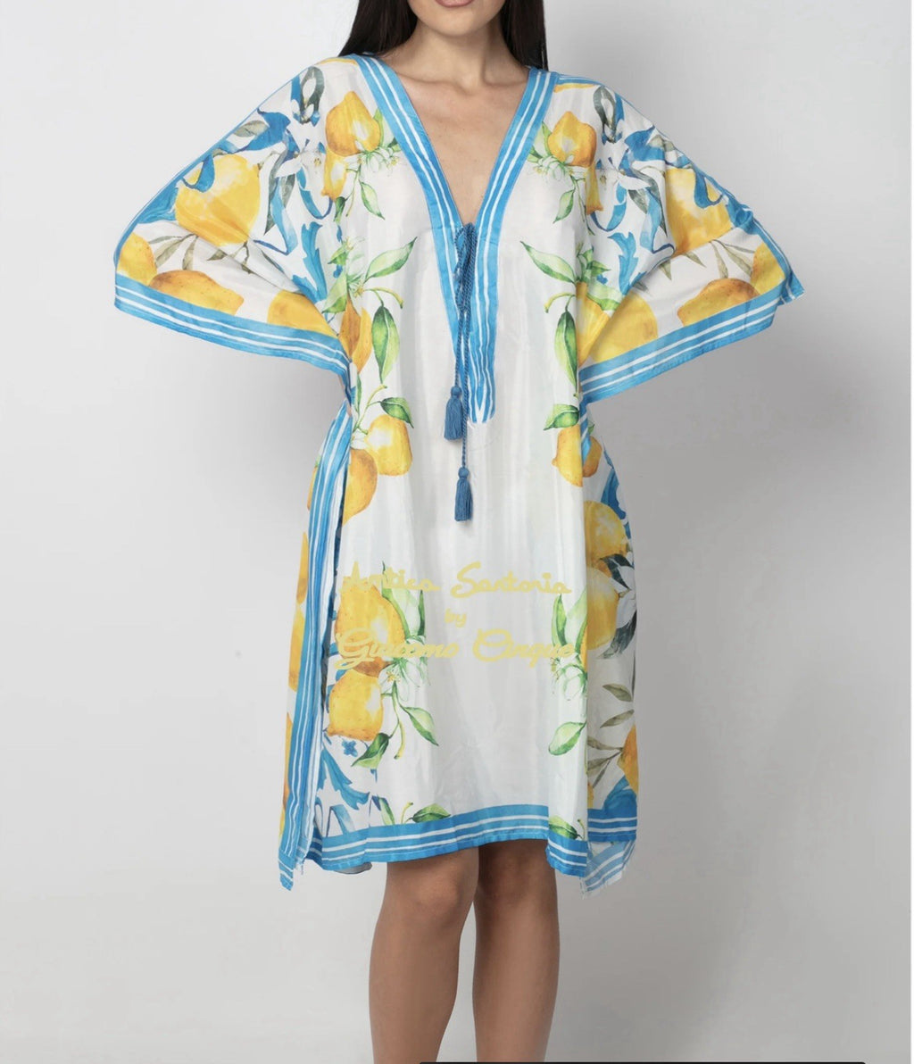 ANTICA SARTORIA 2025 LEMON BLUE WHITE GORGEOUS TIE FRONT COVER UP PONCHO KAFTAN