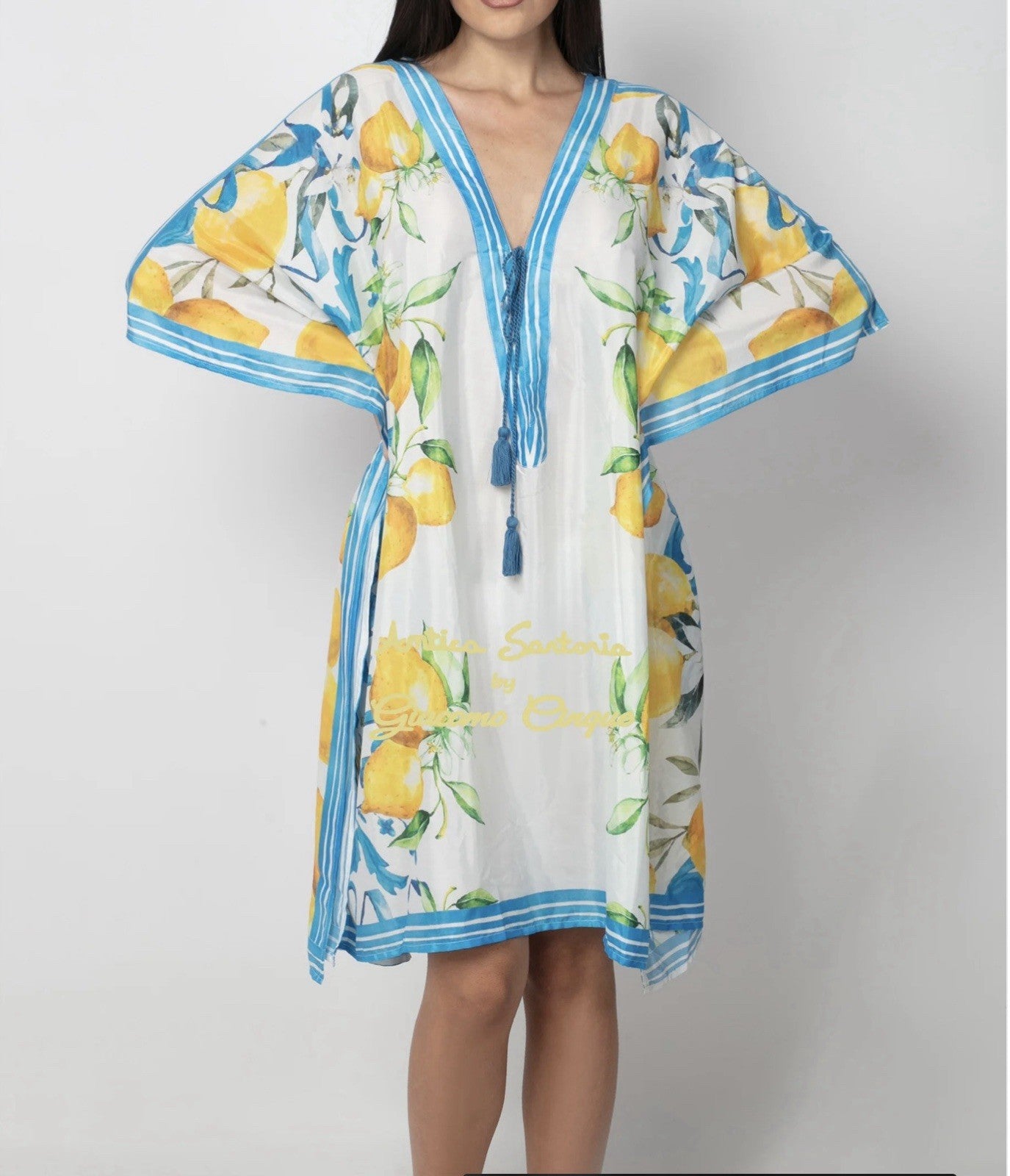 ANTICA SARTORIA 2025 LEMON BLUE WHITE GORGEOUS TIE FRONT COVER UP PONCHO KAFTAN