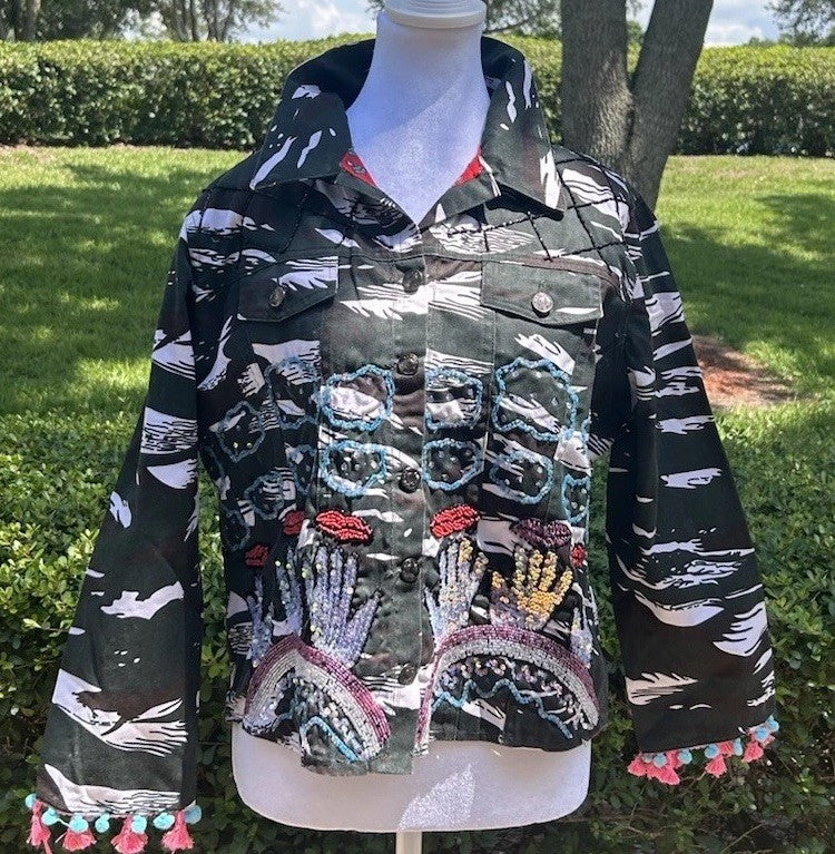 Antica Sartoria Black & White Denim Jacket Embroidery NWT XL