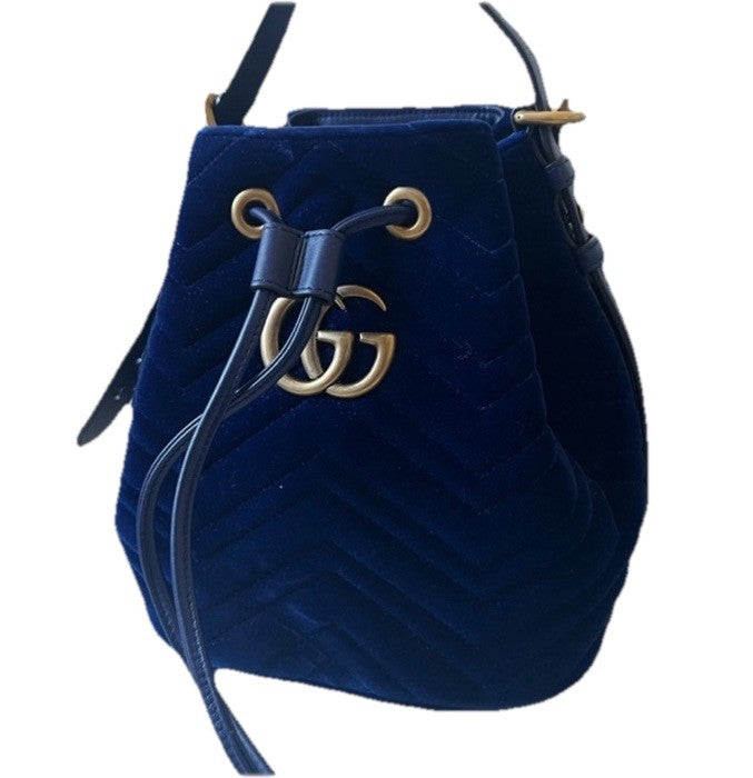 Gucci Navy Velvet bucket Bag with Gold Details Crossbody detachable Chain