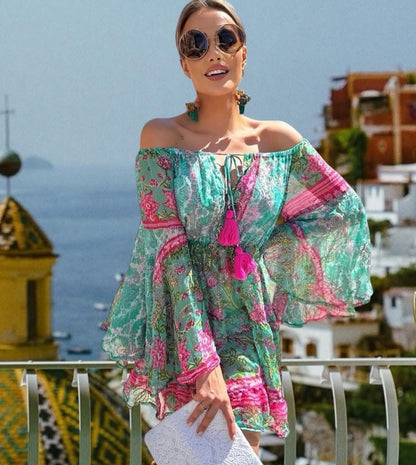 ANTICA SARTORIA 2024 AQUA & PINK OFF SHOULDER FLOWY FLOWERS SHORT DRESS NWT OS