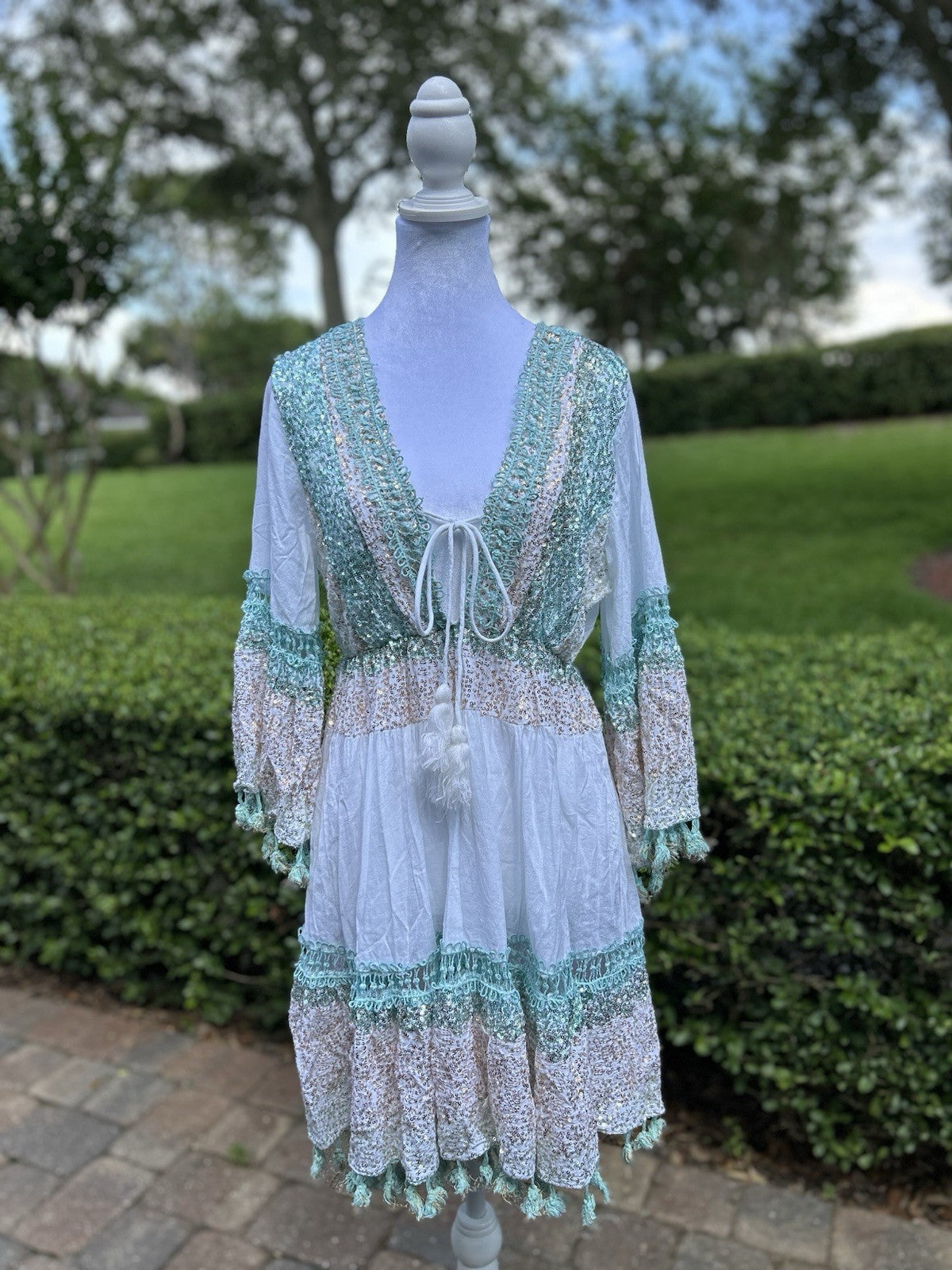 ANTICA SARTORIA 2024 WHITE AQUA GOLD TIE FRONT GORGEOUS SEQUINS OS DRESS