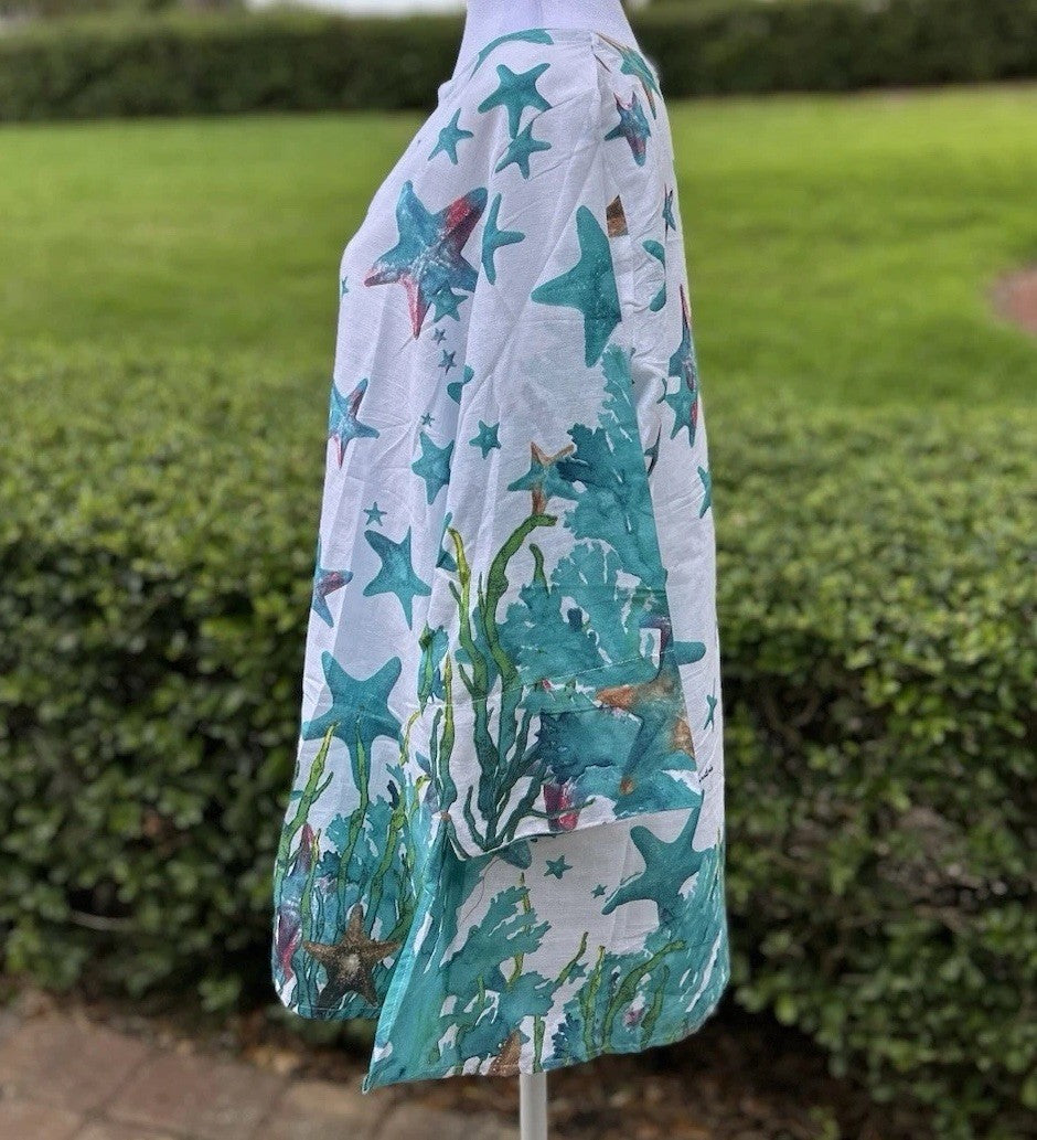 Antica Sartoria 2025 White & Blue Star Fish & Corals Tunic Kaftan Large NWT