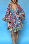 ANTICA SARTORIA 2024 AQUA AND PINK FLOWER GARDEN SHORT DRESS BEAUTIFUL PRINT
