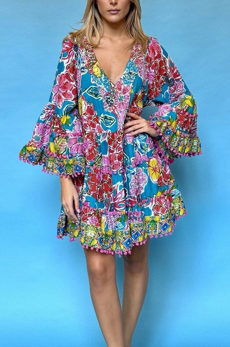 ANTICA SARTORIA 2024 AQUA AND PINK FLOWER GARDEN SHORT DRESS BEAUTIFUL PRINT