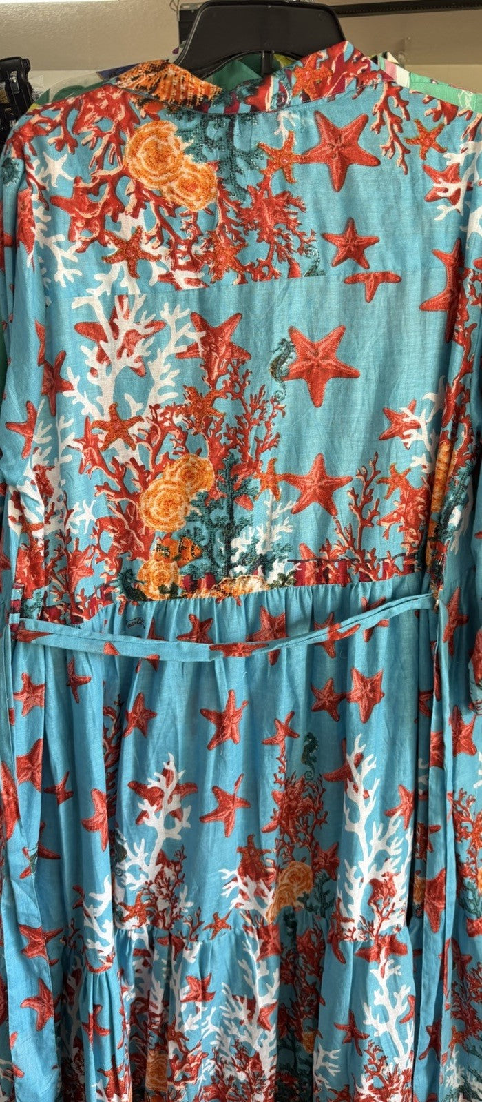 Antica Sartoria 2026 Aqua Coral Fish & Stars Long Flowy Belted Button Down Dress