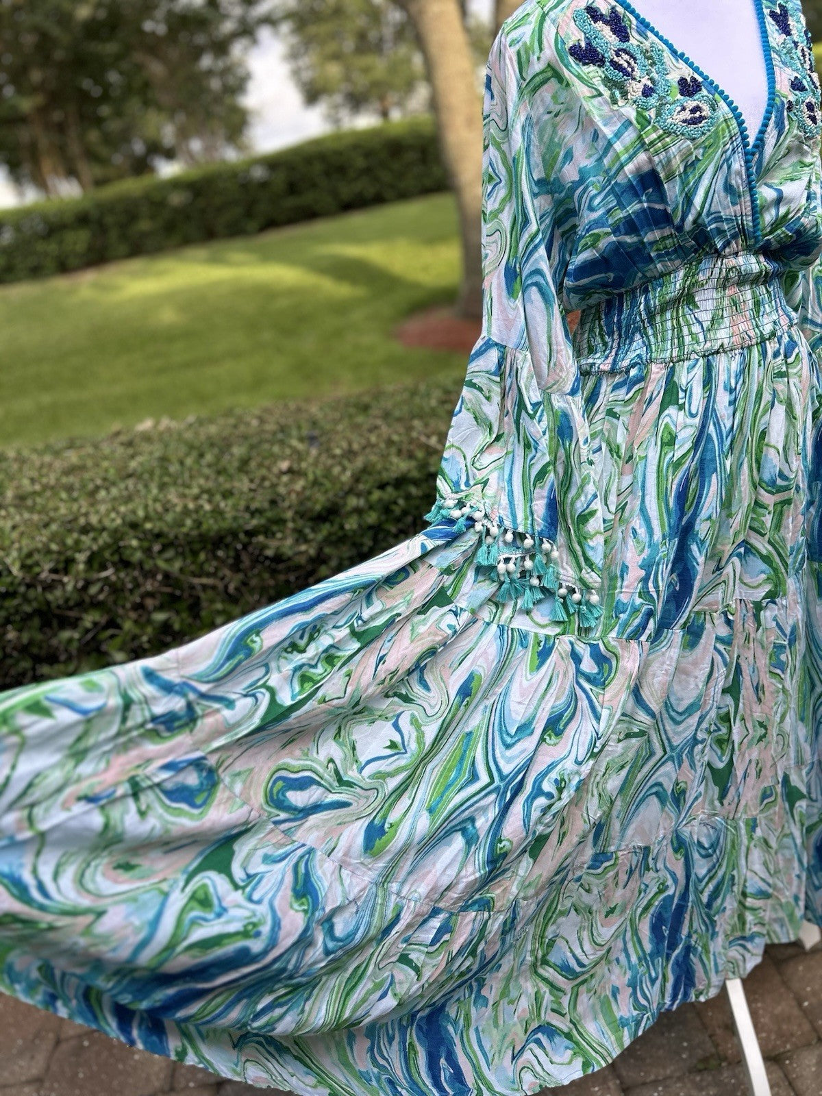 Antica Sartoria Aqua Blue White Swirl Print Long V Neck Beaded Dress NWT O/S
