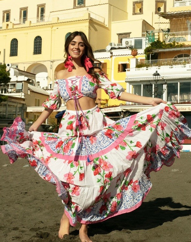 Antica Sartoria 2026 Pink Flowers Smocked Top & Flare Long Skirt NWT O/S