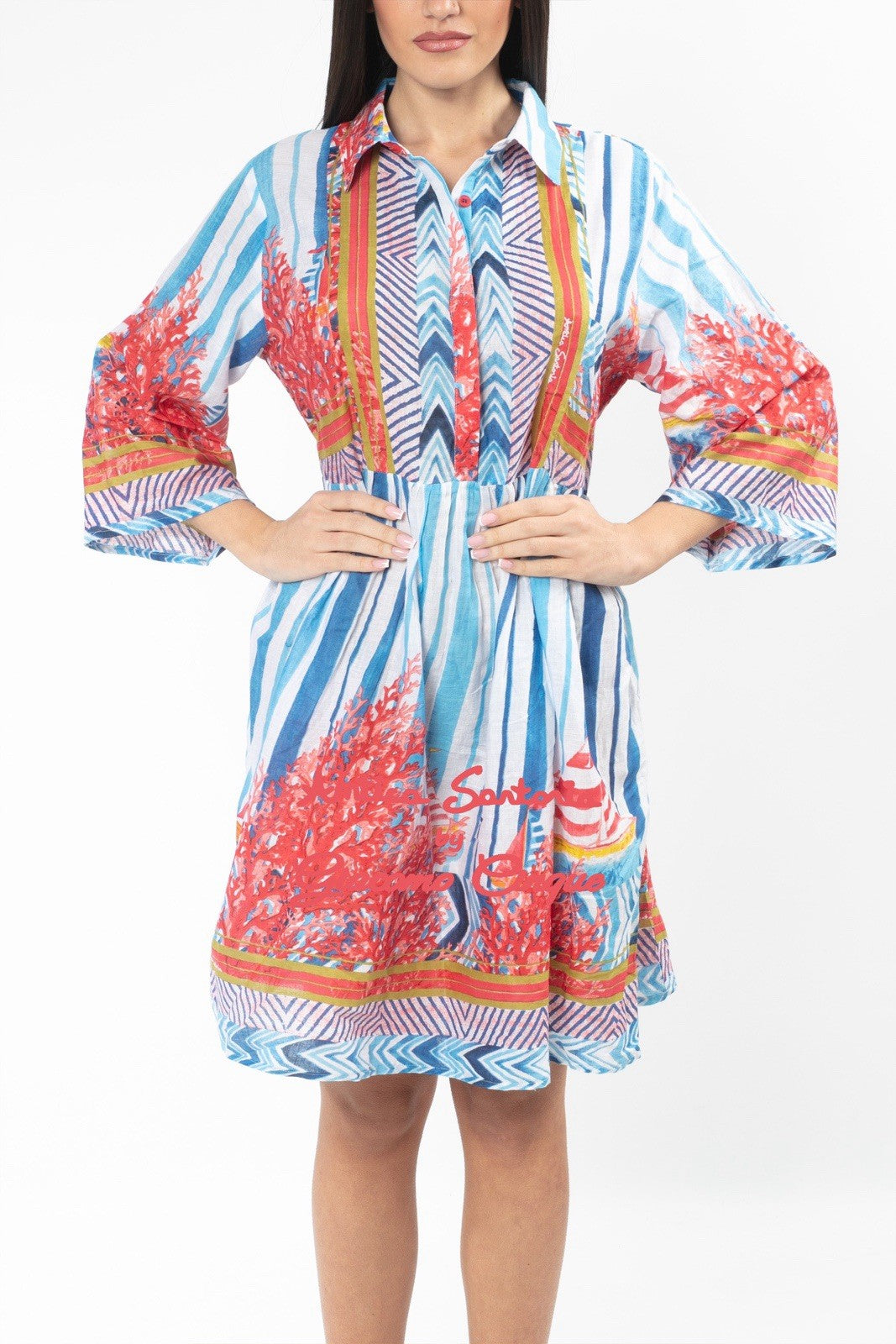 ANTICA SARTORIA SAILBOAT & CORALS COLLAr Button Dress NWT S/M