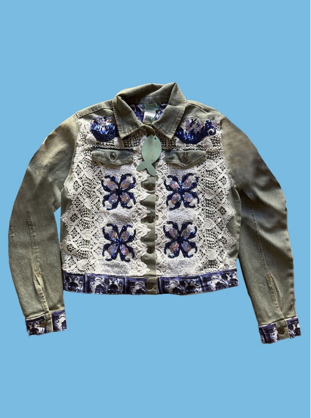 ANTICA SARTORIA 2024 BEAUTIFUL FLOWERS & LACE JEAN JACKET LARGE NWT