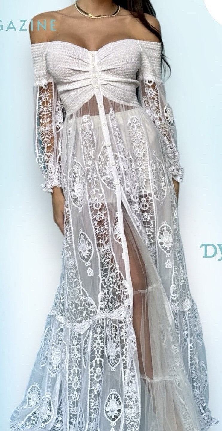 Antica Sartoria White Off Shoulder Long Lace Buttons Dress With Under Skirt