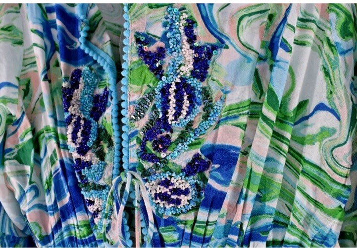 ANTICA SARTORIA 2024 AQUA BLUE WHITE &GREEN SWIRLS TIE FRONT DRESS NWT O/S