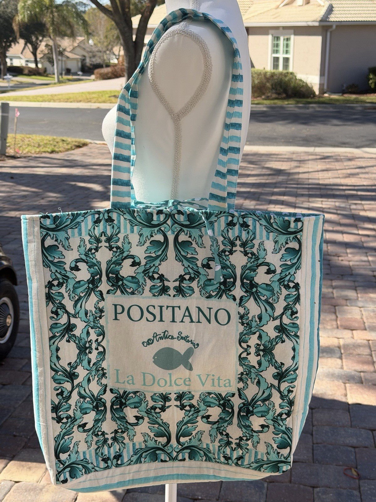 Antica Sartoria 2026 Beach Tote Tie Bag La Dolce Vita Positano Aqua white Blue