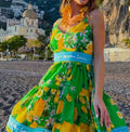 Antica Sartoria 2026  Aqua & Green Lemon Adj Strap Smocked Back Dress Nwt O/S