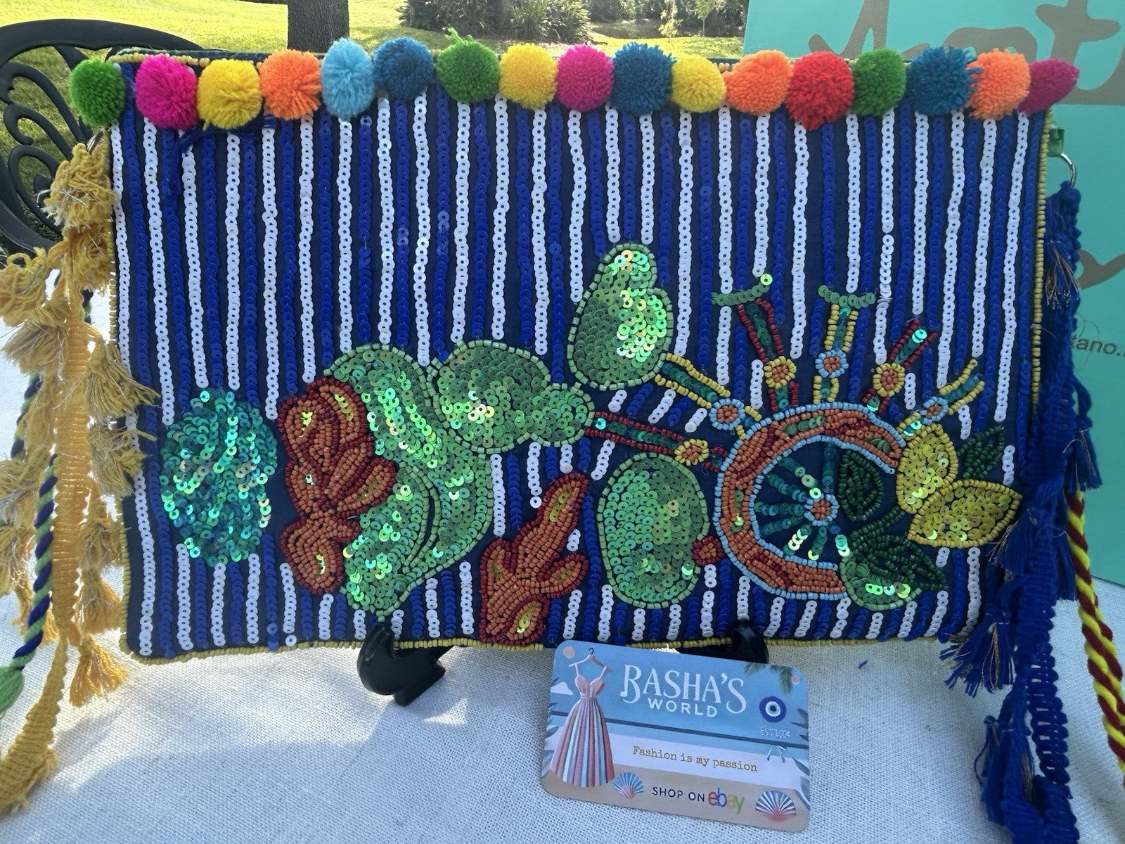 ANTICA SARTORIA SICILIAN CART CACTUS & LEMONS ON BACK BEAD & SEQUINS PURSE NWT