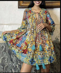 ANTICA SARTORIA 2023 SICILIAN WHEEL LEOPARD SMOCKED TOP TIE DRESS YELLOW / GREEN