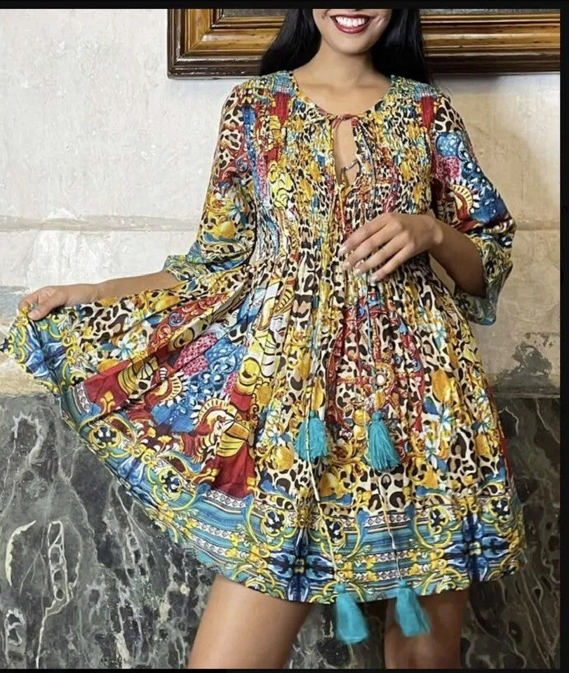 ANTICA SARTORIA 2023 SICILIAN WHEEL LEOPARD SMOCKED TOP TIE DRESS YELLOW / GREEN