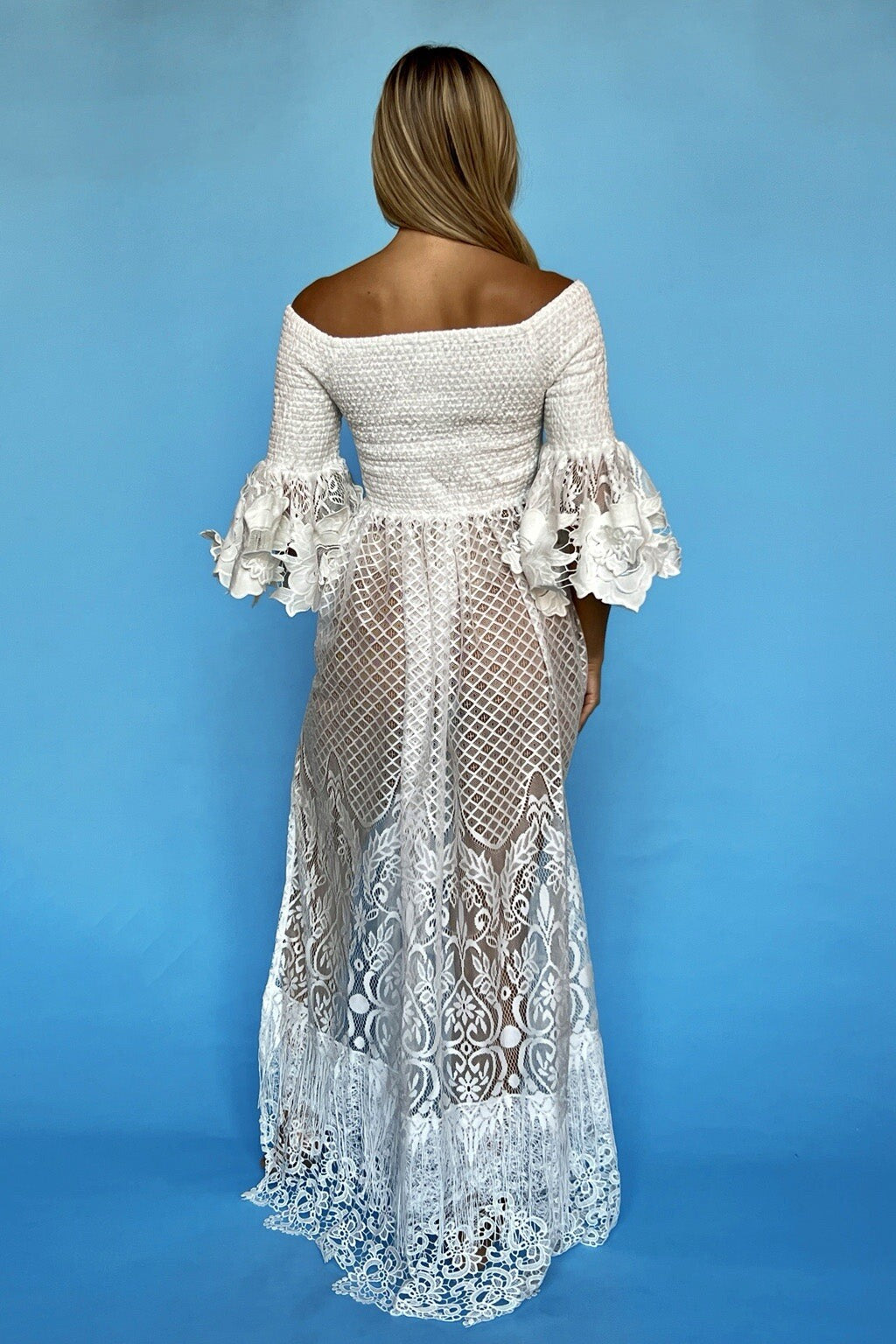 ANTICA SARTORIA LONG DRESS OFF THE SHOULDERS LACE FLARED SIDE SLIT SEXY