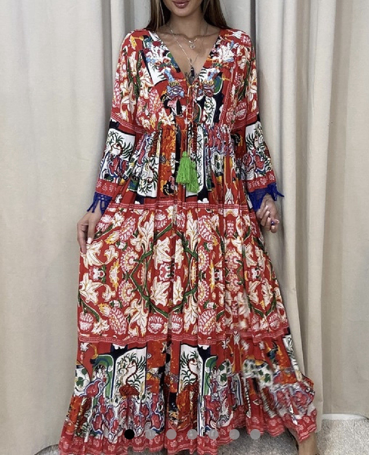 Antica Sartoria Red Asian Print Gorgeous Beaded Dress Nwt O/S