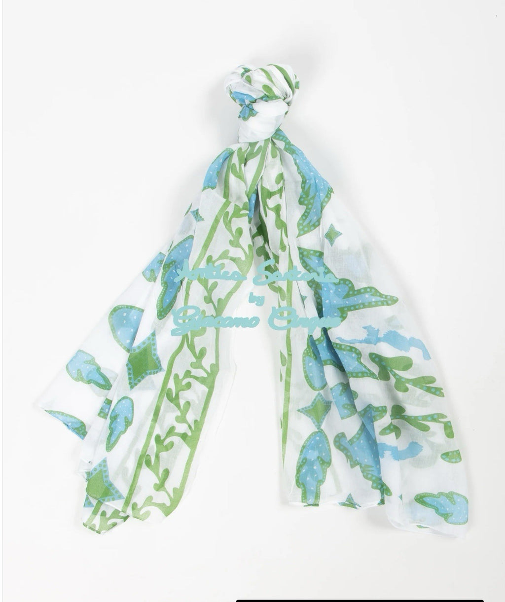 ANTICA SARTORIA 2025 WHITE BLUE & GREEN COTTON SCARF SARONG O/S